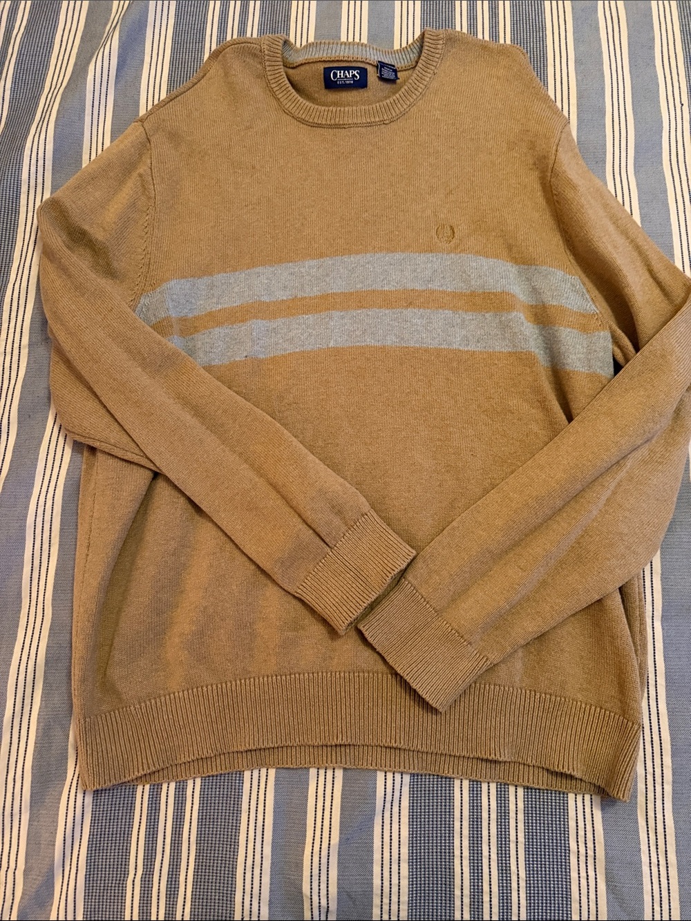 Chaps Men’s Tan Crewneck Sweater with Light Blue Stripes